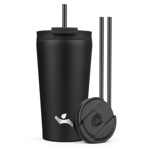 Konokyo 18 oz Insulated Tumbler Water Bottle with Straw Lid, Black | Stainless steel insulated tumbler for coffee, water and iced drinks; spill-proof lid, 2 straws, cup-holder friendly - color: Black, size: 18 Ounces