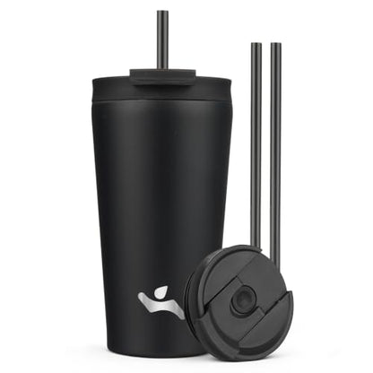 Konokyo 18 oz Insulated Tumbler Water Bottle with Straw Lid, Black | Stainless steel insulated tumbler for coffee, water and iced drinks; spill-proof lid, 2 straws, cup-holder friendly - color: Black, size: 18 Ounces