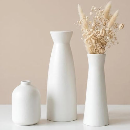 White Ceramic Vase Set of 3,Modern Boho Flowers Vases for Home Decor,Farmhouse,Shelves,Entryway Table Decor,Bathroom,Livingroom Decoration Gifts