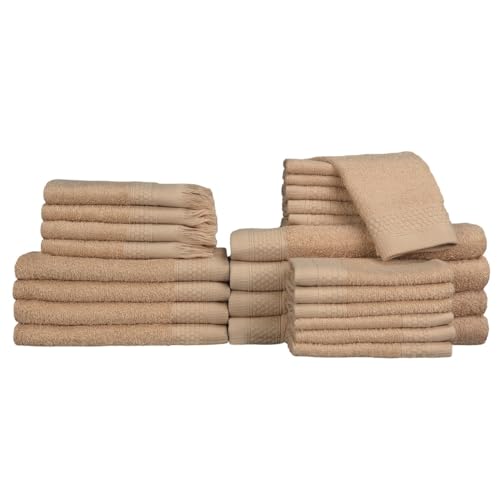 Baltic Linen Multi Count 100% Cotton Towel Set - 4 Bath Towels, 4 Hand Towels, 4 Fringed Fingertips, 12 Washcloths Warm Sand 24-Piece Set - color: Warm Sand, size: 4 Bath Towels, 4 Hand Towels, 4 Fringed Fingertips, 12 Washcloths