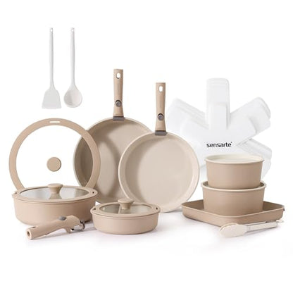 SENSARTE 24 Piece Ceramic Detachable Handle Pots and Pans Set Almond Beige | Ceramic Cookware Set, Induction Cookware Set with Removable Handle, Healthy Non Stick for RV, Dishwasher ＆ Oven Safe - color: Almond Beige, size: 24 Piece