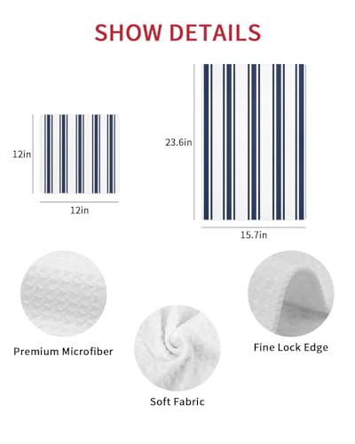 Navy Blue Striped Dish Towels Set, Waffle Weave Kitchen Towels 2 Pieces, Farmhouse Aesthetic Modern Stripes Microfiber Hair Face Bath Tea Towel Absorbent Quick Drying Cleaning Dish Cloths, 12"x12" - color: Navy, White, Blue, size: 2PCS,12"x12"