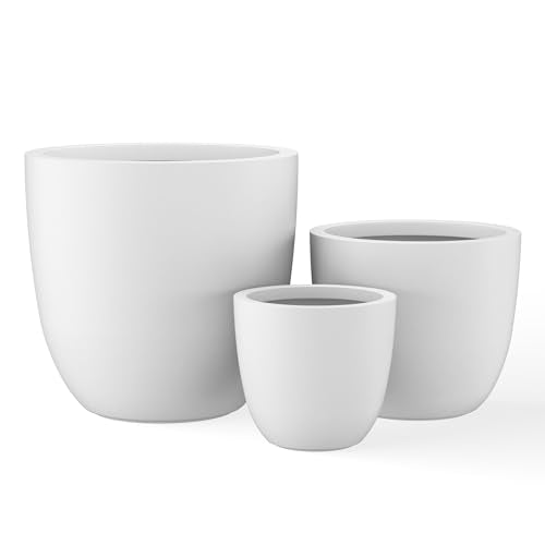 Kante Set of 3 White Concrete Bowl Planters 18" 14" 18" Dia | Drainage for Outdoor, Rubber Plug for Indoor Home, All-Weather Cement Pot, Handcraft, Lightweight & Durable, Anti-UV, Round - color: Pure White, size: 18"d + 14"d + 10"d