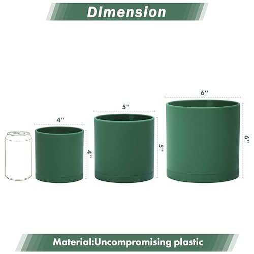 D'vine Dev 3-Pack Plastic Pots & Saucers, 4/5/6 in, Green, 74-V-D-1 | Multi-Size Options, Lightweight Durable, Matte Finish, Cylinder Shape, Drainage Holes, Sleek Design, Detachable Saucer - color: Green, size: Small