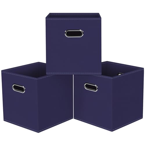 Black Foldable Storage Cubes Bins, Fabric Storage Box Cubes Organizer Baskets with Dual Handles for Home Organizer,Set of 3,(Navy Blue) - color: Navy Blue, size: 3 Pack