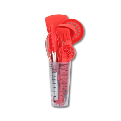 16-Piece Silicone Kitchen Utensil Set with Measuring Cup, Red | Dishwasher-safe BPA-free tools for nonstick cookware, with tongs, whisk, 5 measuring spoons and a 500ml measuring cup holder - color: Red