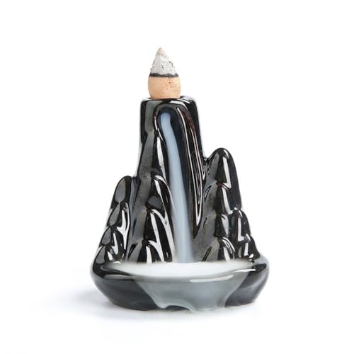 Handmade Ceramic Backflow Incense Holder - Waterfall Incense Burner Ornament, Mountain Design Aromatherapy Fountain for Home Decor, Yoga, Meditation & Office, Unique Zen Gifts (Black)
