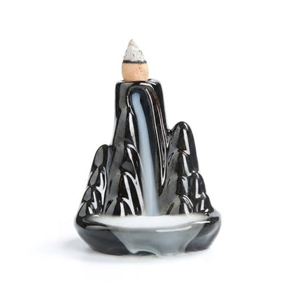 Handmade Ceramic Backflow Incense Holder - Waterfall Incense Burner Ornament, Mountain Design Aromatherapy Fountain for Home Decor, Yoga, Meditation & Office, Unique Zen Gifts (Black)