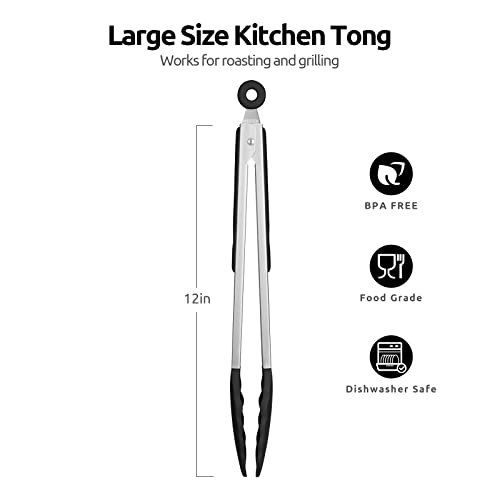 U-Taste 600ºF High Heat 12in Silicone Kitchen Tong and 600ºF Heat Resistat Spatula Spoon Flexible Silicone Cooking Scoop Spoonula (Black)