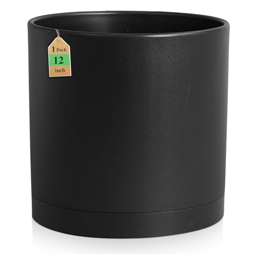 WSMKSZ 12 inch Large Deep Plant Pots for Outdoor Indoor Plants, Tall Cylinder Flower Pots with Drainage Holes and Saucer, Big Decorative Plastic Planter Pots for Garden Porch House Plants, Black - color: Black, size: 12 Inch