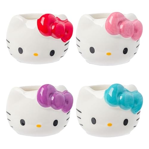 Silver Buffalo Sanrio Hello Kitty Sugar Bows, 3D Mini Cup Set, 4pk, 3.5oz | Different Color, Pack, Ceramic, Sculpted, Perfect for Cream or Milk, 0.1 Liters - color: Hello Kitty Without Handle