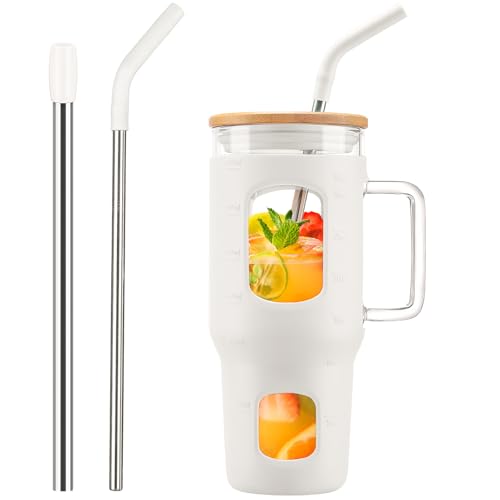 WINSA Glass Tumbler with Straw and Lid, 32 oz Glass Cup with Handle, Glass Water Bottles with Time Marker, Silicone Protective Sleeve - White - color: White, size: 32 Ounces