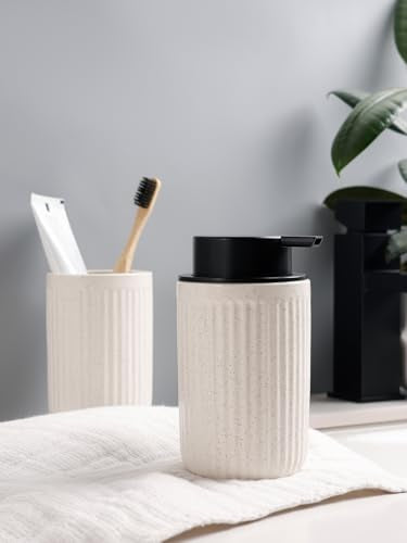 Bosilunlife Soap Dispenser and Toothbrush Holder Set - 11Oz Foam Soap Dispenser Pump Ceramic Bathroom Counter Soap Toothbrush Holder Set Beige Bathroom Accessories Set - color: Beige-cylindrical Stripes Foam