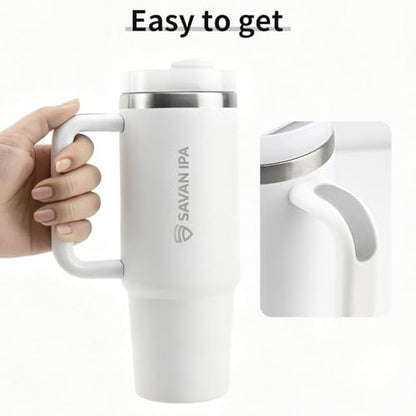 Insulated Tumbler, White, 30 oz | Stainless Steel Vacuum, Handle and Straw, Leak Resistant Lid, Fits Car Cup Holder - color: White, size: 30 oz