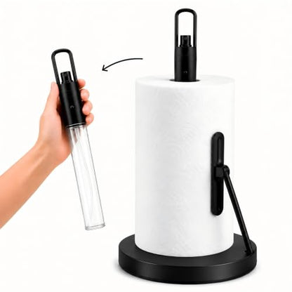 Paper Towel Holder with Spray Pump, All-in-One Countertop Paper Towel Stand with Refillable Bottle, One-Handed Tear Kitchen Roll Holder, Weighted Base, Matte Black - color: Black
