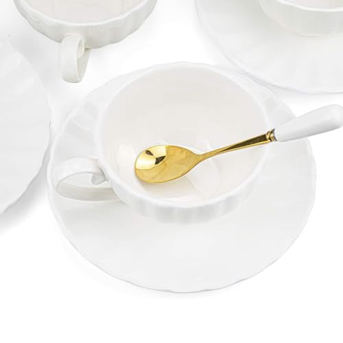 Yesland Set of 6 Royal Tea Cups and Saucers, 6 oz White Porcelain Tea Set & British Coffee Cups, White Latte Cups and Espresso Mug for Specialty Coffee Drinks, Latte, Cafe Mocha, Tea