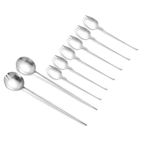 8-Piece Silver Salad Serving Set - 11.4 inch Stainless Steel Spoon & Fork with 6 Salad Forks, Titanium Plating, Dishwasher Safe for Entertaining, Parties - color: Salad Servers Set include 6 Forks silver