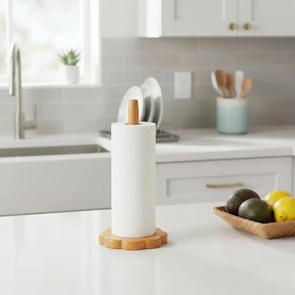 Wood Paper Towel Holder, Countertop Wooden Kitchen Towel Roll Stand with Flower Shape Anti Skid Base Rack Napkin Organizer for Kitchen Countertop Dining Table Cabinet(Wood Color) - color: Flower Shape Base