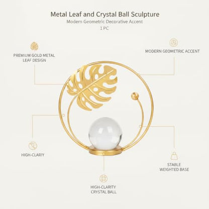 for Shelf, Desk, or Console Table Display: Modern Geometric Metal Leaf and Crystal Ball Sculpture Accent (1 PC) - size: 5.31 x 5.31 x 5.31 in
