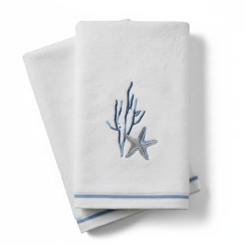 Avanti Linens – Fingertip Towel Set, 100% Cotton Velour Bathroom Towels with Embroidered Starfish & Coral, Absorbent Terry Reverse, Home Decor, Set of 2 (Abstract Coastal Collection) - color: Abstract Coastal, size: 2 Pack