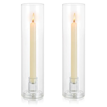 Hurricane Glass Candle Holders: 11.8" Tall Cylinder Cover Set of 2 | for 0.87" Taper, Windproof Chimney Cover, Clear Candlestick Holder for Wedding Table Centrepiece, Party, Birthday, Christmas - size: 11.8" H - 2 Pcs