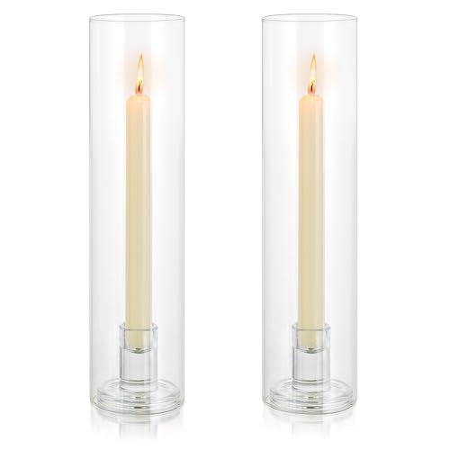 Hurricane Glass Candle Holders: 11.8" Tall Cylinder Cover Set of 2 | for 0.87" Taper, Windproof Chimney Cover, Clear Candlestick Holder for Wedding Table Centrepiece, Party, Birthday, Christmas - size: 11.8" H - 2 Pcs
