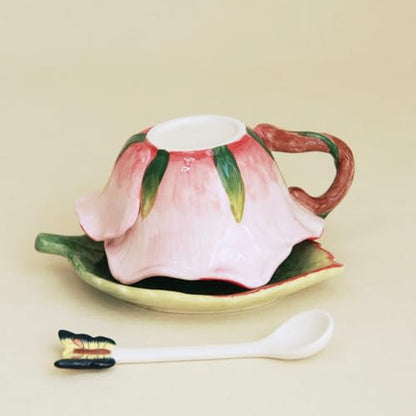 Ceramic Tea Cup and Saucer Set ，6OZ 3D Hand-Painted Flower and Lotus Leaf Coffee Mug，Gift for Women- Pink Rose - color: Pink Rose