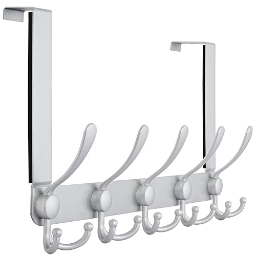 Over The Door Hook Hanger - Fits 1 3/8" to 1 3/4" Standard Doors | 5 Tri Hooks Heavy Duty Towel/Coat Rack | Door Organizer for Clothes, Jackets, Hats, Towels, Silver - color: Silver