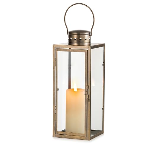NUPTIO Large Lanterns Decorative Outdoor, Rustic Gold Lantern with Glass | 13.8 inches Tall Floor Metal Lantern for Fireplace Table Porch Door Garden, Vintage Candle Holder for Christmas Wedding - color: Distressed Gold, size: Large