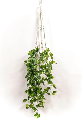 Comtelek 2 Packs Fake Hanging Plant with Pots for Home Decor Artificial Hanging Basket Plants Macrame Plant Hanger with Faux Vines Greenery for Bedroom Bathroom Room Wall Boho Decor Indoor Outdoor - color: 2 Pack - Fake Plants No Led