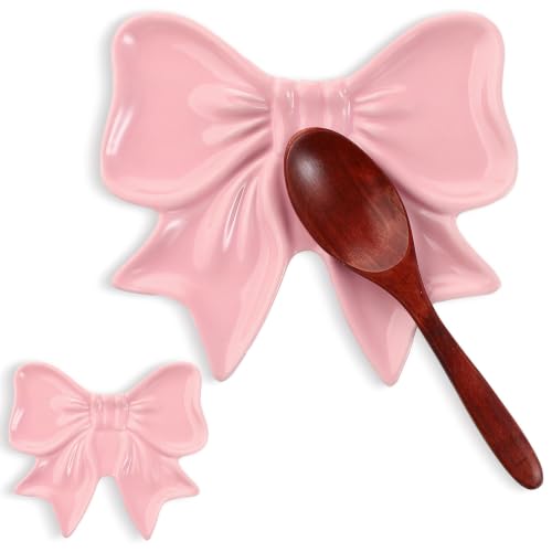 Pink Bow Spoon Rest for Stove Top, Cute Ceramic Spoon Holder | Kitchen Countertop, Coquette Utensil Rest, Sweet Kitchen Decoration, Women Cooking, Housewarming Gift, 5.3 x 4.5 Inches - style: Bow