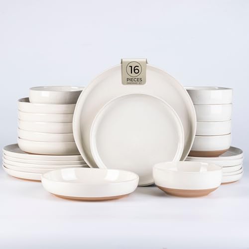 AmorArc Dinnerware Sets for 4, 16 Pieces Ceramic Plates and Bowls Set | Scratch Resistant Stoneware Dishes Set, Dishwasher & Microwave Safe, Light Beige - color: Light Beige, size: Service For 4(16Pcs)