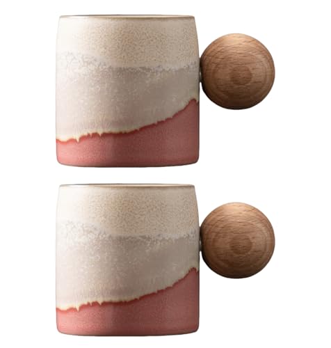 2-Oz Ceramic Espresso Cups with Wood Handle, 2/4-Piece Set for Coffee, Tea, Latte - Dishwasher Safe, Multi-Color & Wood Styles, Gift & Café Use (Kiln turning pink, Round Handle2) - color: Kiln turning pink, size: Round Handle2