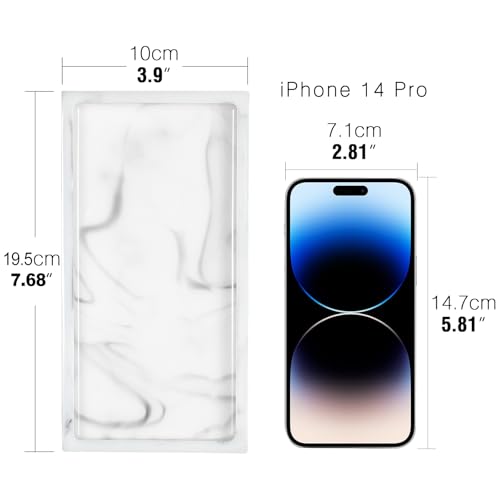 Emibele Bathroom Vanity Tray Countertop, 8" Rectangular Marble Resin Tray | Dresser Kitchen Sink Tray, for Jewelry Cosmetic Perfume Soap Candle, Compact Lightweight Waterproof, Mini Size, Marble White - color: Ink White, size: 7.7" x 3.9" x 0.8"