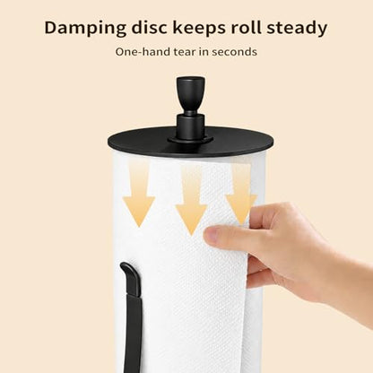 Heavy Duty Paper Towel Holder Countertop with Top Damping Disc Black | Easy One-Handed Tear, Weighted Base Non-Slip, Tension Arm Prevents Unraveling, Countertop Paper Stand for Kitchen, Bathroom - color: Black