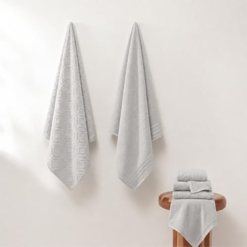 Modern Threads 6 Piece Cotton Bath Towel Set – Ultra Soft 550 GSM Towels – Bathroom Set with Hand Towels and Washcloths – Geometric (Silver Cloud) - color: Silver Cloud, size: Standard, style: Geometric