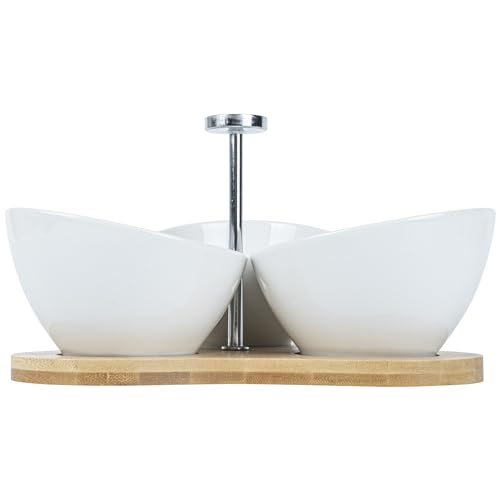 Restaurantware-15 Ounce Bowl Set with Tray - 1 Dishwashable Serving Set, Includes 3 Porcelain Bowls And 1 Bamboo Tray, Durable, White Porcelain And Bamboo Bowl And Platter Kit, Reusable, Freezable - size: Triple set, style: Incline