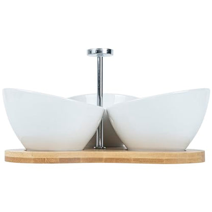 Restaurantware-15 Ounce Bowl Set with Tray - 1 Dishwashable Serving Set, Includes 3 Porcelain Bowls And 1 Bamboo Tray, Durable, White Porcelain And Bamboo Bowl And Platter Kit, Reusable, Freezable - size: Triple set, style: Incline