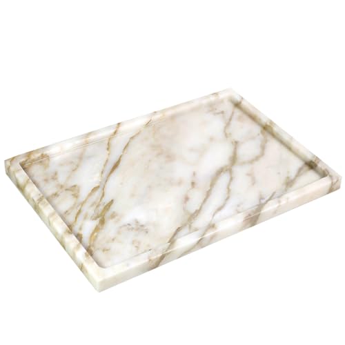 100% Natural Marble Serving Tray Luxury Marble Storage Tray for Home Decor Stone Tray for Bathroom/Kitchen/Vanity/Dresser,Plate Holder for Tissues, Candles, Towel - color: Marble Tray-calacatta Glod