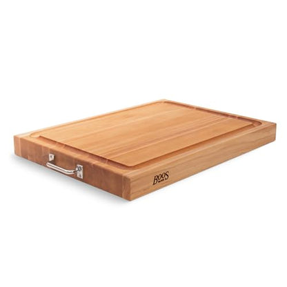 John Boos Handle Boards Series Rectangular Wooden Maple Cutting Board 24”x18” – 2.25” Thick, 30-lb Reversible Butcher Block with Juice Groove, Edge-Grain & Metal Handles - color: Dark Maple, size: 24"L x 18"W