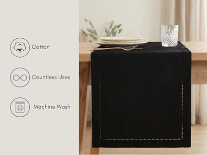 Black Table Runner - Hemstitch Detail - 100% Cotton Durable Washable Fabric - Ideal for Spring Easter Summer, Perfect as 6 ft Table Linen - Solid Hemstitch - 14 x 72 Inch - size: 14 x 72 Inch