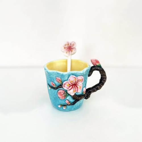 Ceramic Apricot Blossom Coffee Mug and Saucer set with Spoon,3D Handmade and Hand-painted Tea Mug, 6OZ