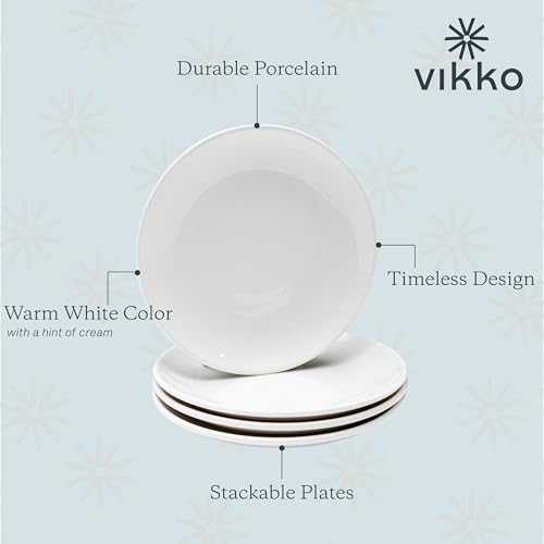 Vikko Appetizer Plates, Set of 4 White Ceramic Plates, Salad Plates Set, Stackable 8 Inch Round Plates, Dishwasher Safe, Bead and Butter Plates, Durable Plates for All Occasions - size: 8" Salad Plate