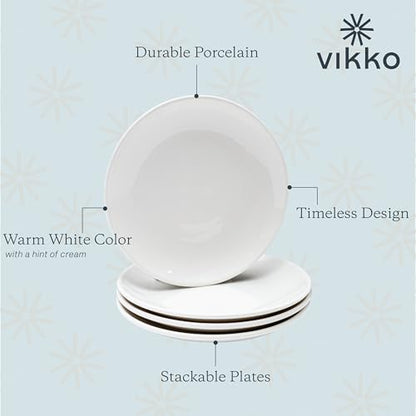 Vikko Appetizer Plates, Set of 4 White Ceramic Plates, Salad Plates Set, Stackable 8 Inch Round Plates, Dishwasher Safe, Bead and Butter Plates, Durable Plates for All Occasions - size: 8" Salad Plate