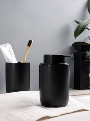 Bosilunlife Soap Dispenser and Toothbrush Holder Set - Dish Hand Soap Dispenser Bathroom Set Ceramic Bathroom Counter Soap Toothbrush Holder Set Black Bathroom Accessories Set - color: Black-cylinder Liquid Pump & Toothbrush Holder