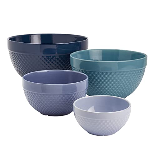 Tabletops Gallery Hobnail Style 4 Piece Blue Storm Stoneware Nesting Mixing Bowl Set for Baking and Cooking - color: BLUE STORM