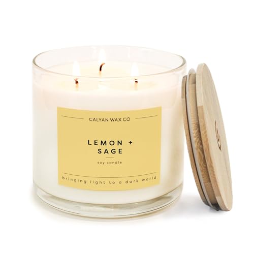 Lemon & Sage 3 Wick Scented Candle - 43 Hour Burn | Made in the USA Luxury Clean Soy Wax Candles - Long Lasting Large Glass Jar Candle for Home - 3 Wicks - 14.9oz - color: Lemon + Sage