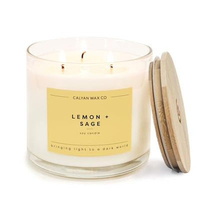 Lemon & Sage 3 Wick Scented Candle - 43 Hour Burn | Made in the USA Luxury Clean Soy Wax Candles - Long Lasting Large Glass Jar Candle for Home - 3 Wicks - 14.9oz - color: Lemon + Sage