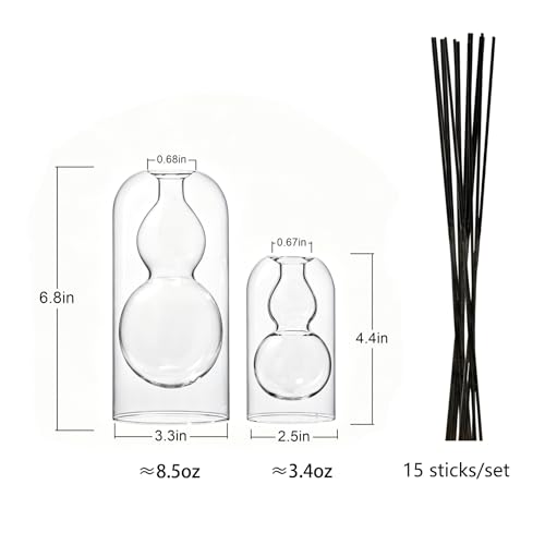 Reed Diffuser Bottles 2pcs/Set, Glass Gourd-Shaped Empty Diffuser Bottle with 15 Reed Sticks for DIY Aromatherapy, Home Fragrance Decor