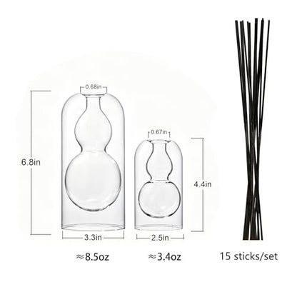 Reed Diffuser Bottles 2pcs/Set, Glass Gourd-Shaped Empty Diffuser Bottle with 15 Reed Sticks for DIY Aromatherapy, Home Fragrance Decor